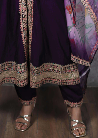 Dark Purple Silk Embroidered Anarkali
