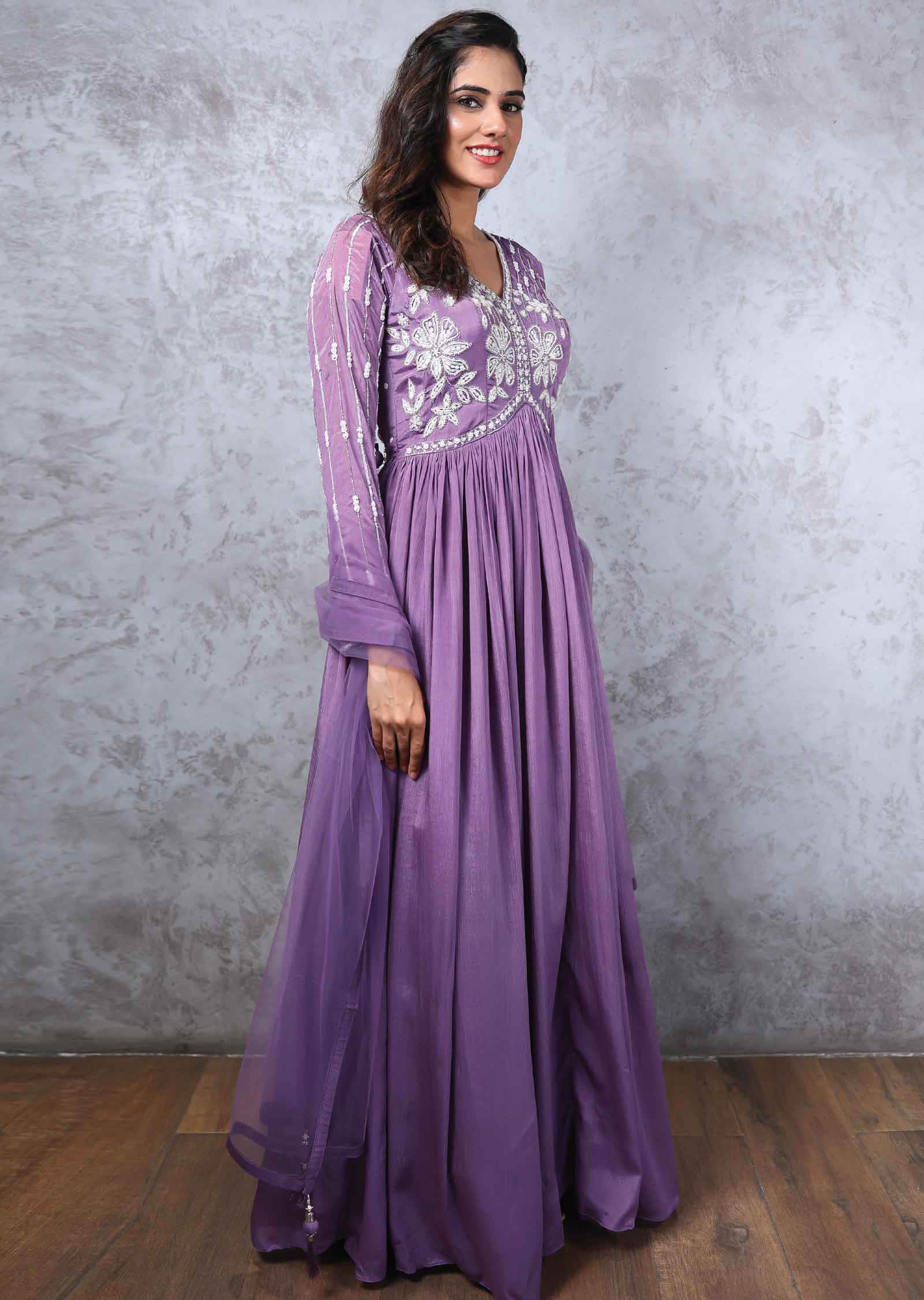 Lavender Chinnon Embroidered Alia cut Anarkali
