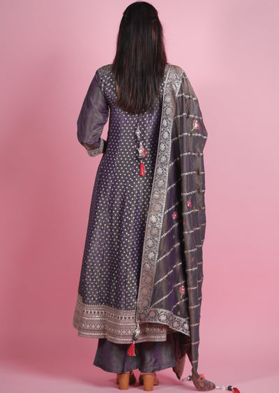 Dark Lavender Banaras Tissue Silk Anarkali