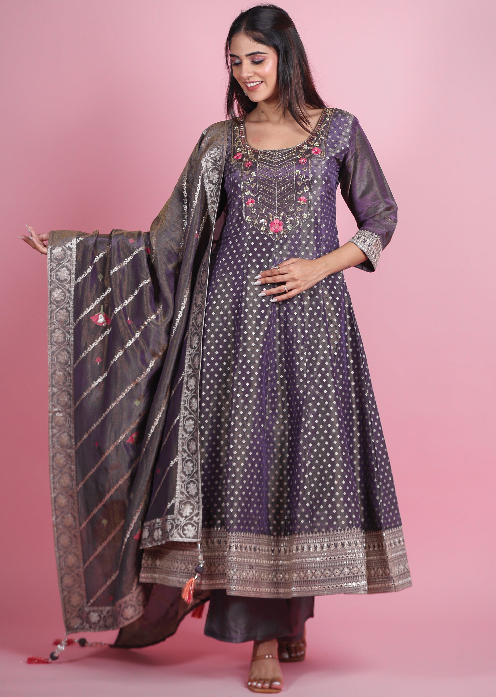 Dark Lavender Banaras Tissue Silk Anarkali