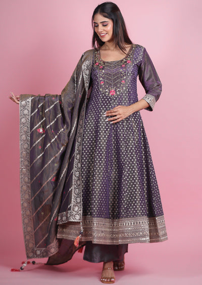 Dark Lavender Banaras Tissue Silk Anarkali