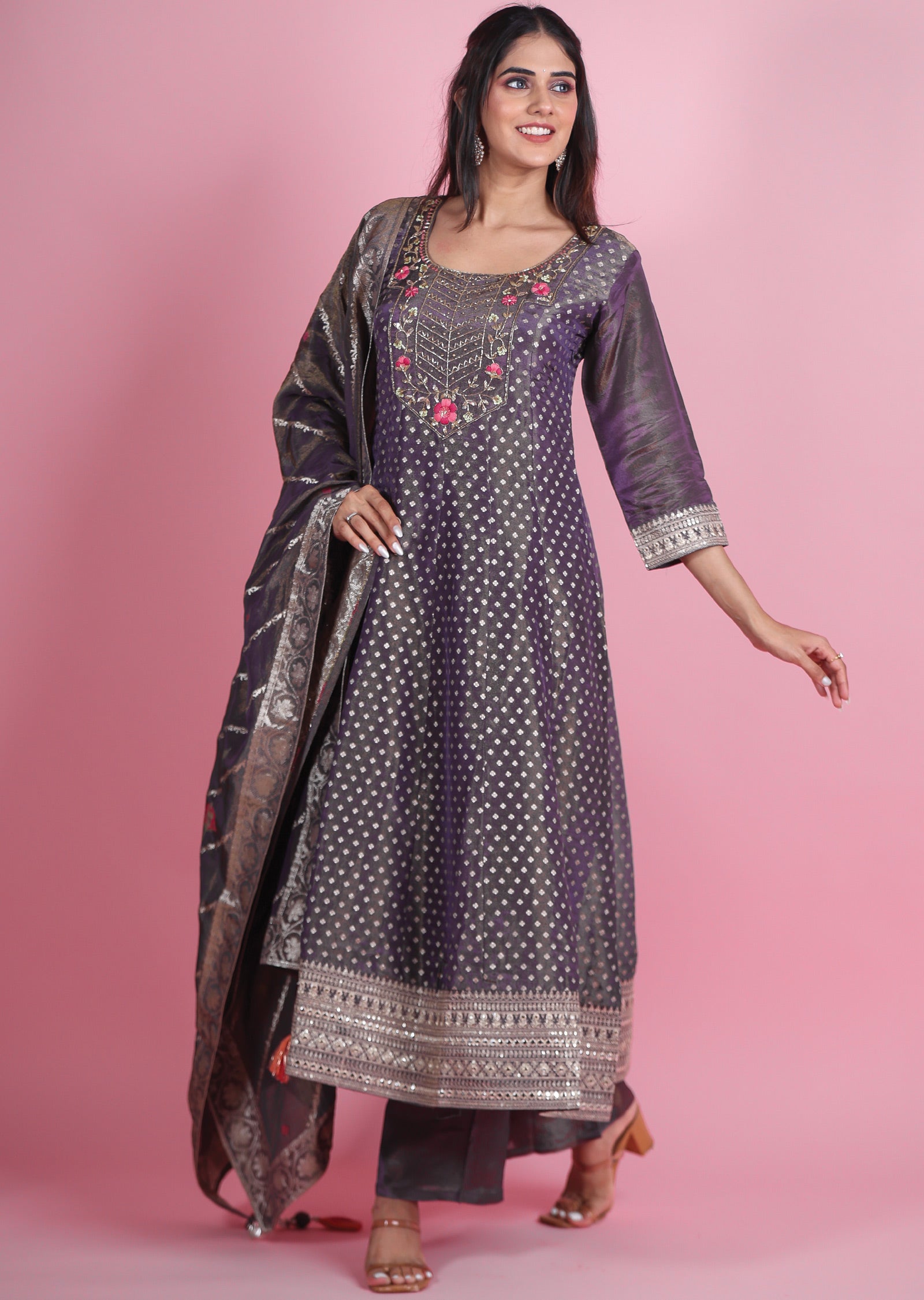 Dark Lavender Banaras Tissue Silk Anarkali