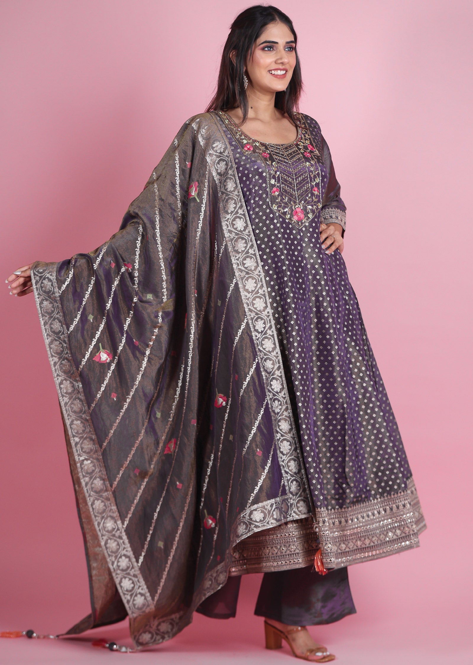 Dark Lavender Banaras Tissue Silk Anarkali