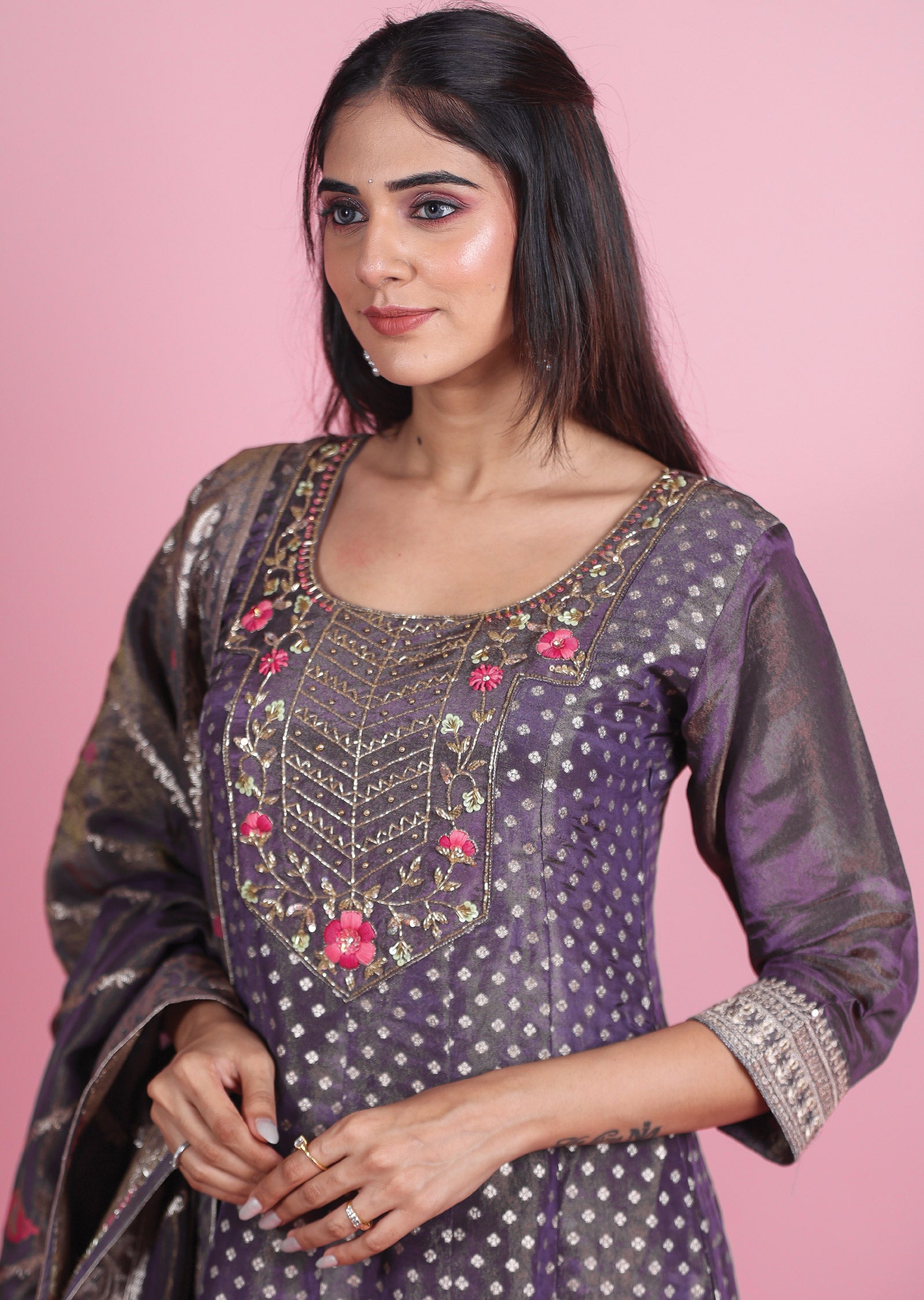Dark Lavender Banaras Tissue Silk Anarkali