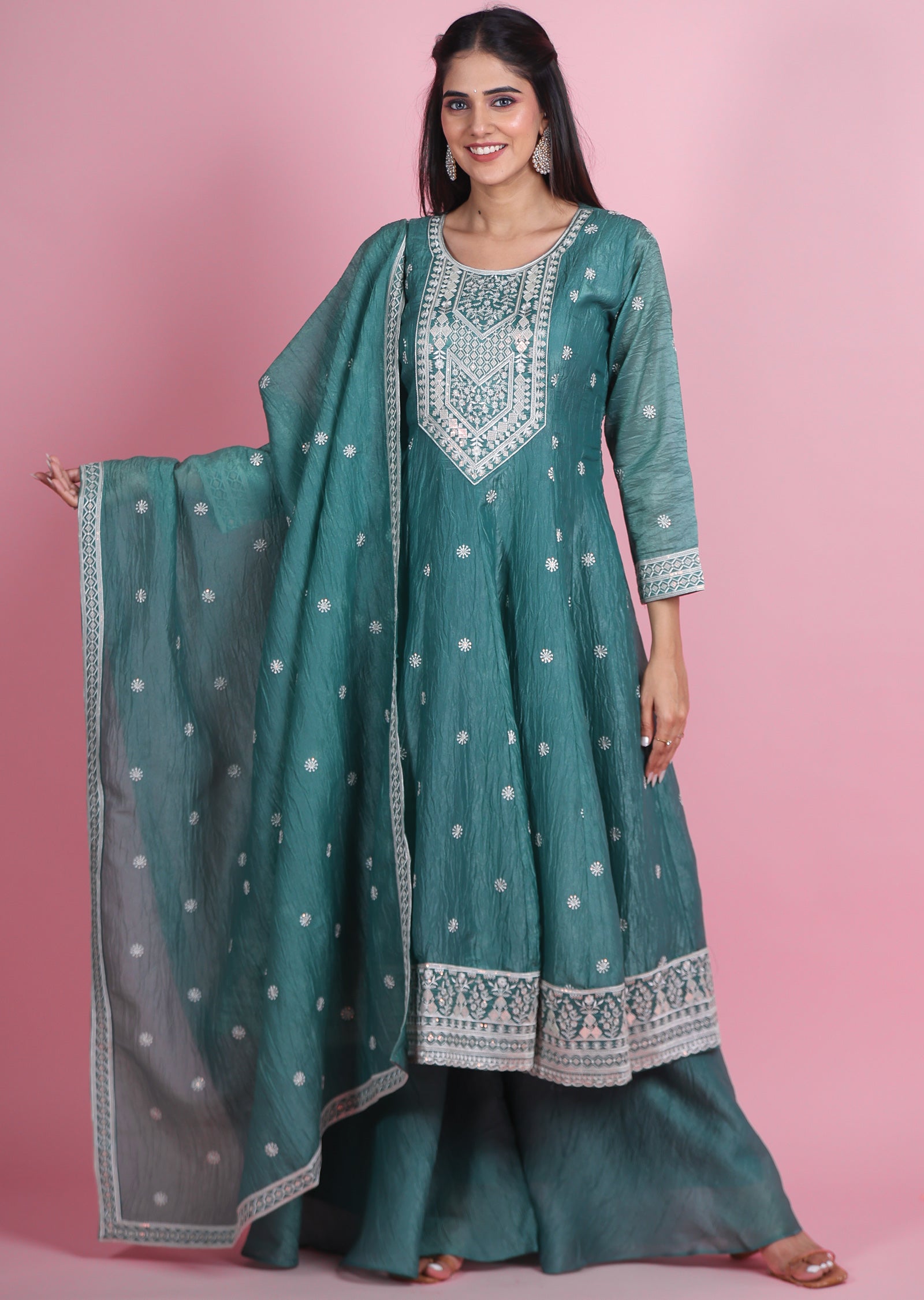 Dusty Green Crush Organza Anarkali