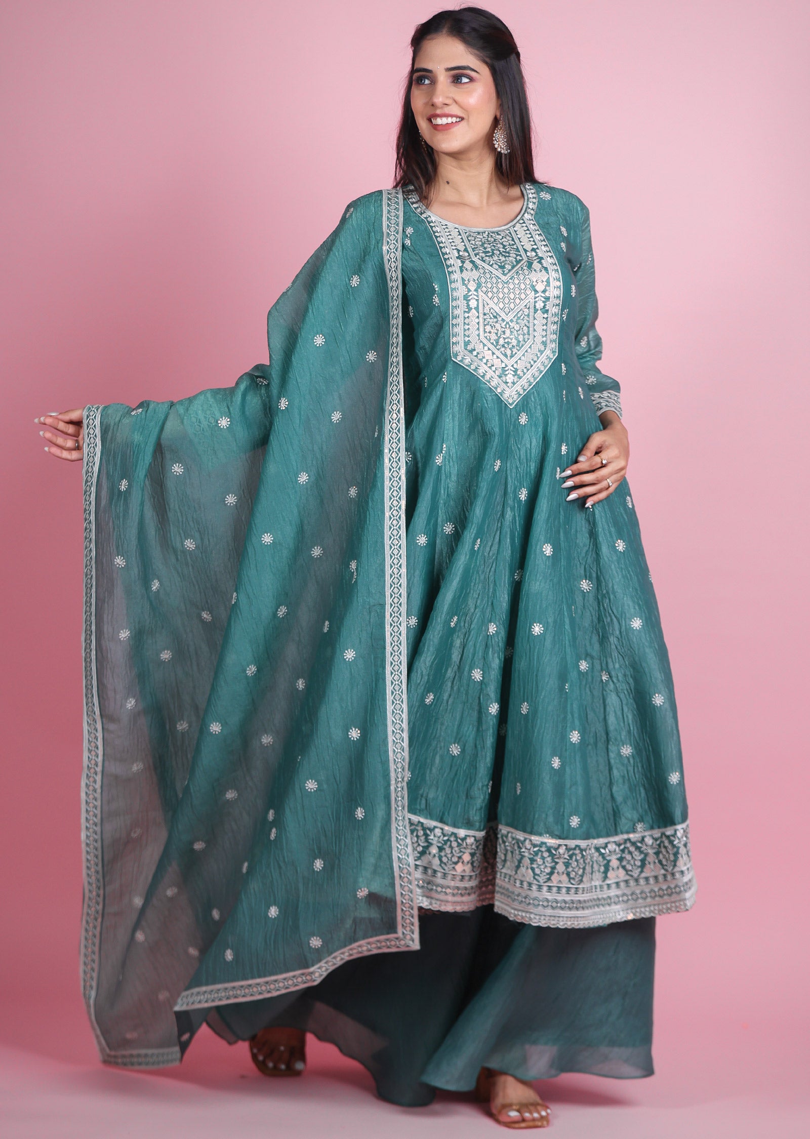 Dusty Green Crush Organza Anarkali