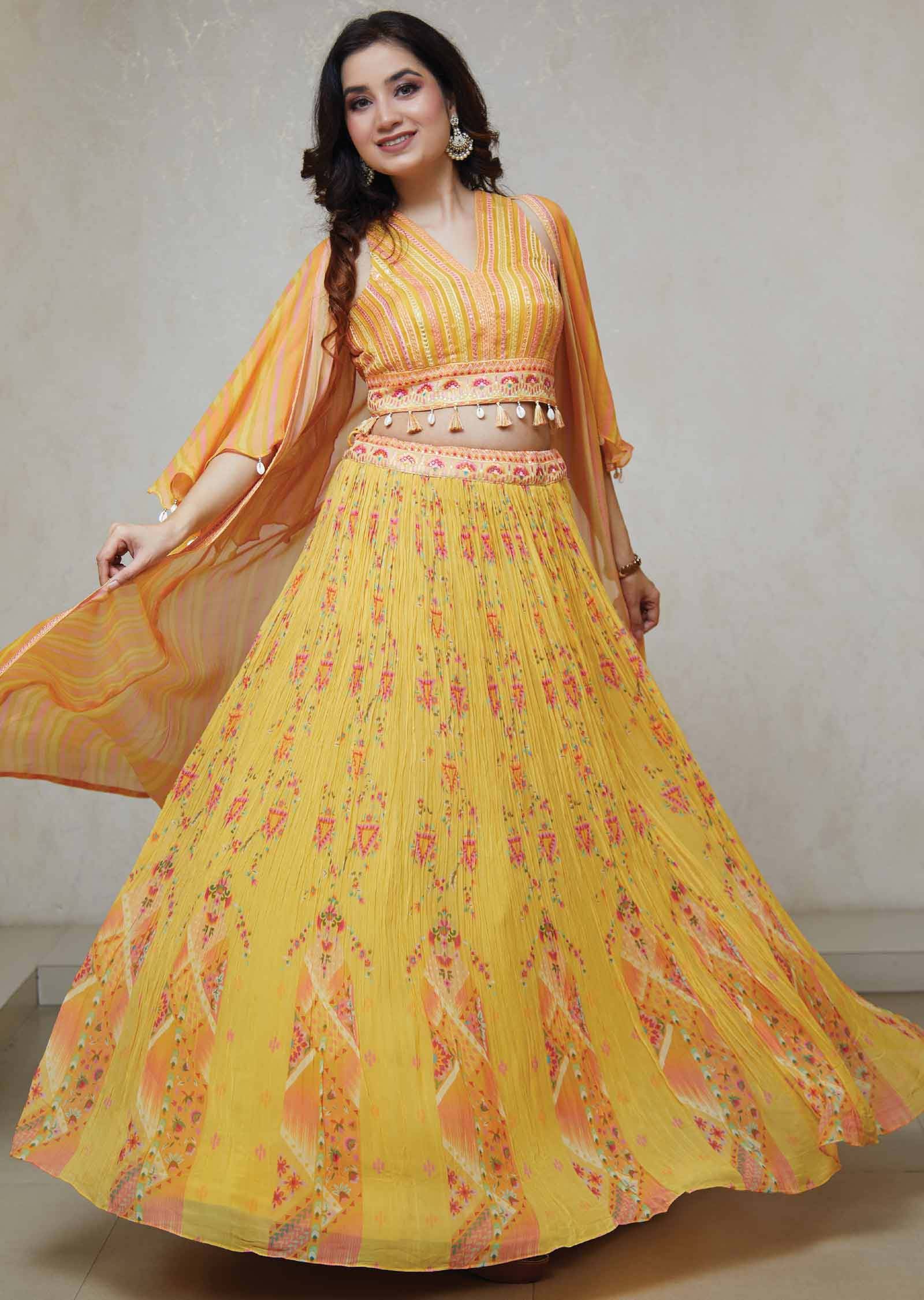 Yellow Georgette Sequins Drape Saree