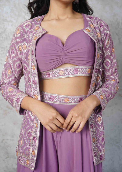 Onion Pink Georgette Embroidered Fusion/Indo-Western Set