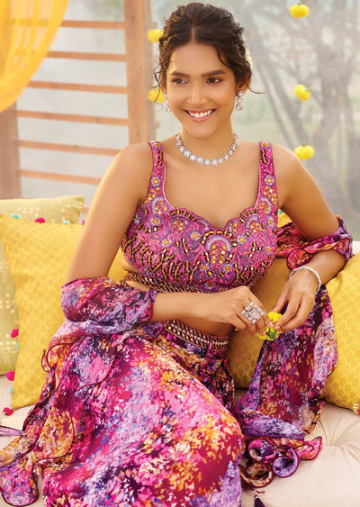 Purple Net/Georgette Mirror & Stone Work Fusion/Indo-Western Set