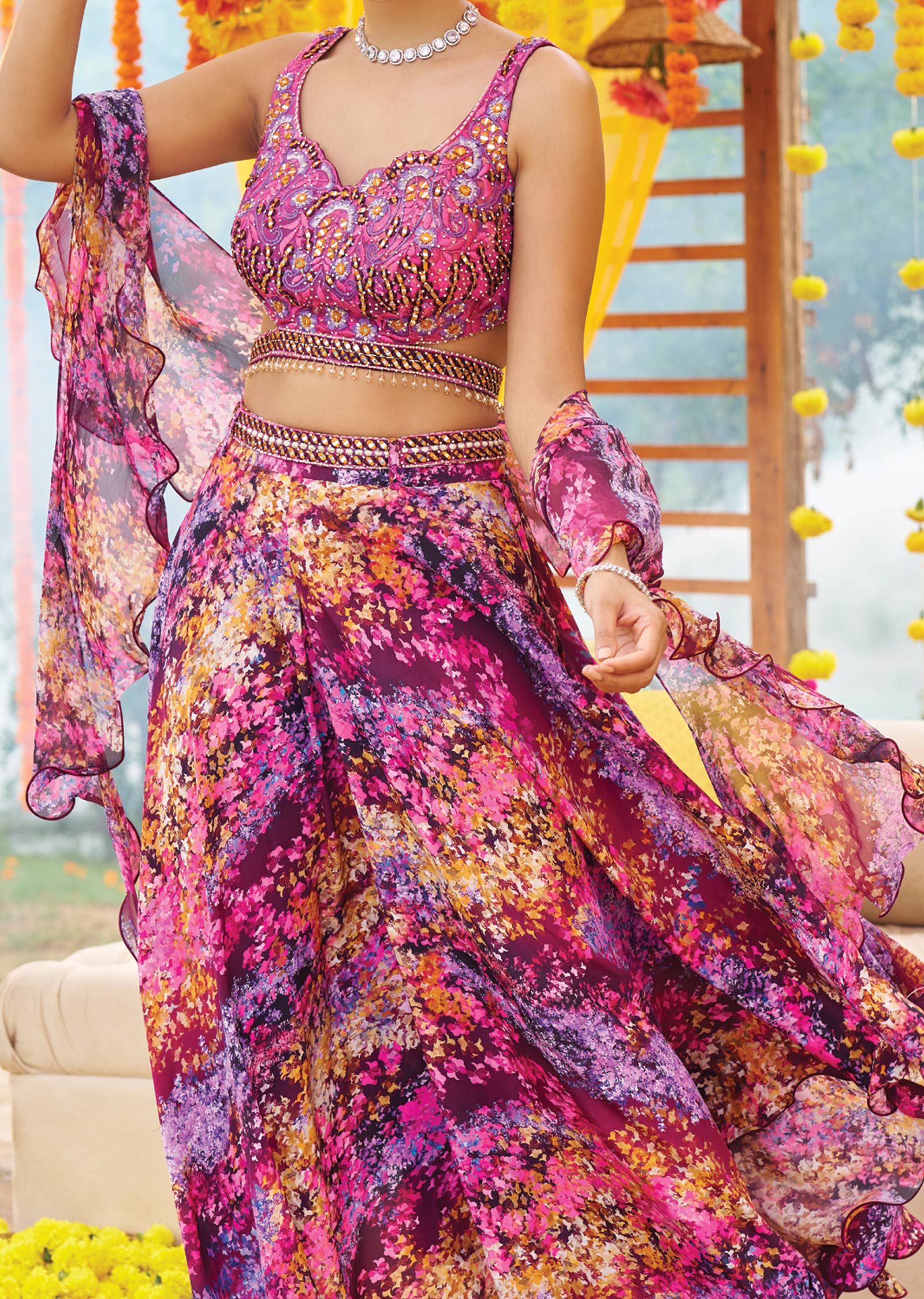 Purple Net/Georgette Mirror & Stone Work Fusion/Indo-Western Set