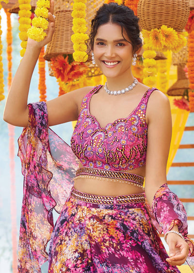 Purple Net/Georgette Mirror & Stone Work Fusion/Indo-Western Set