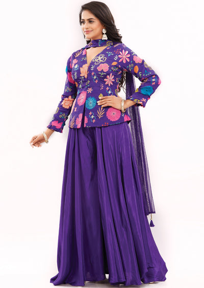 Purple Chinnon Indo-Western Palazzo Set with Long Blouse