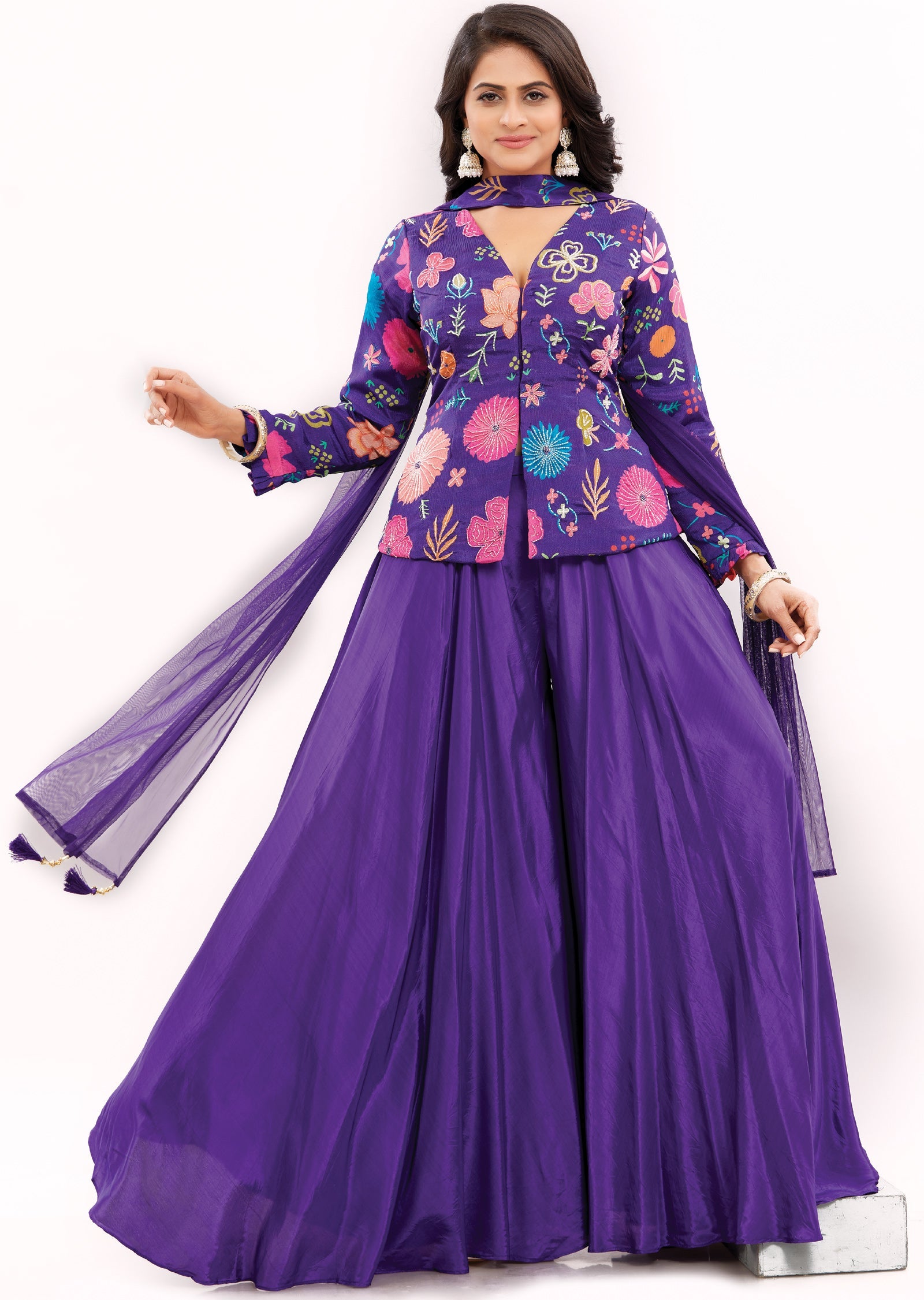 Purple Chinnon Indo-Western Palazzo Set with Long Blouse