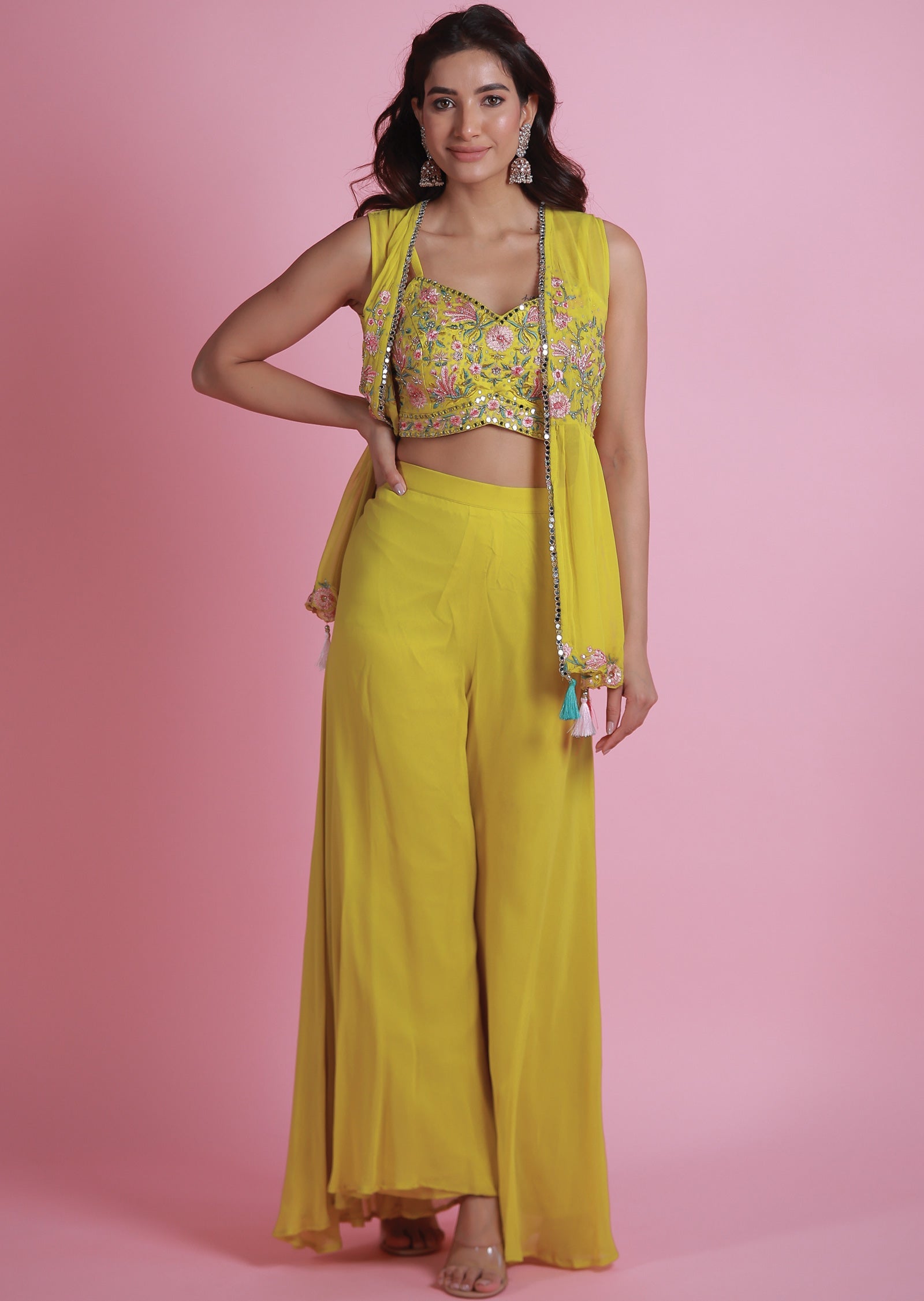 Lime Green Georgette Fusion Indo-Western