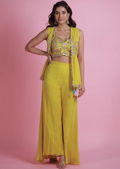 Lime Green Georgette Fusion Indo-Western