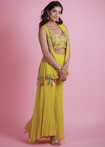 Lime Green Georgette Fusion Indo-Western