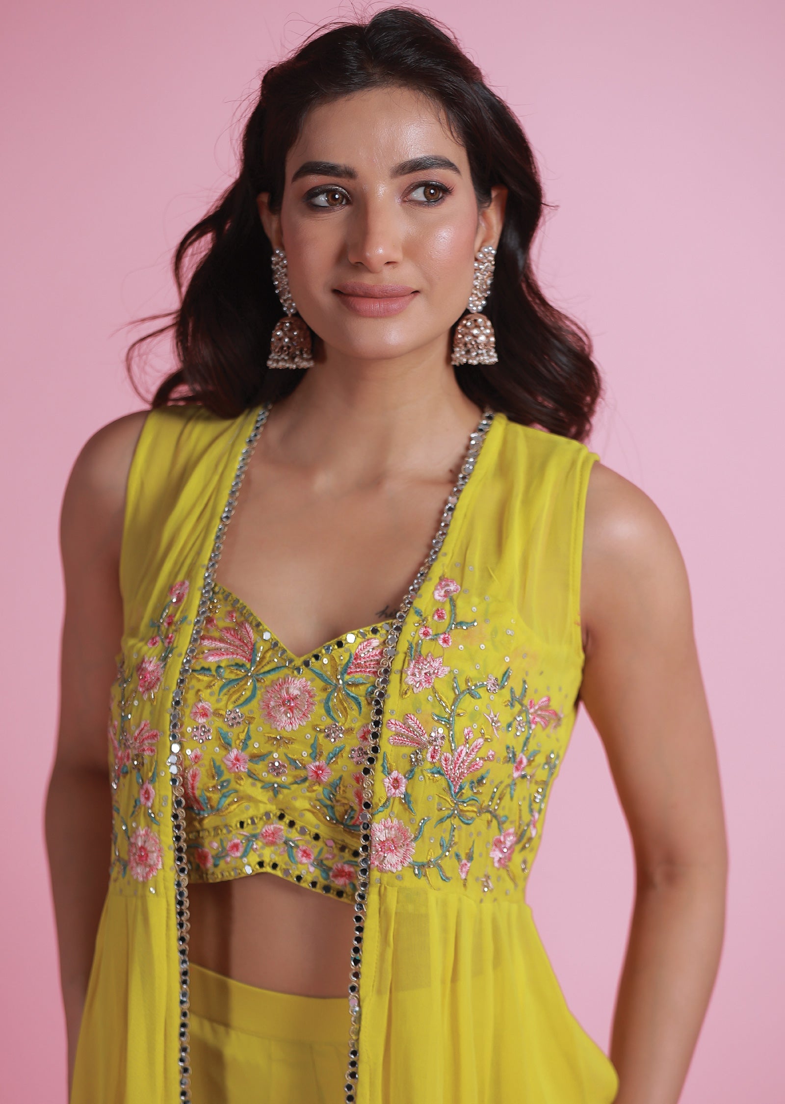 Lime Green Georgette Fusion Indo-Western