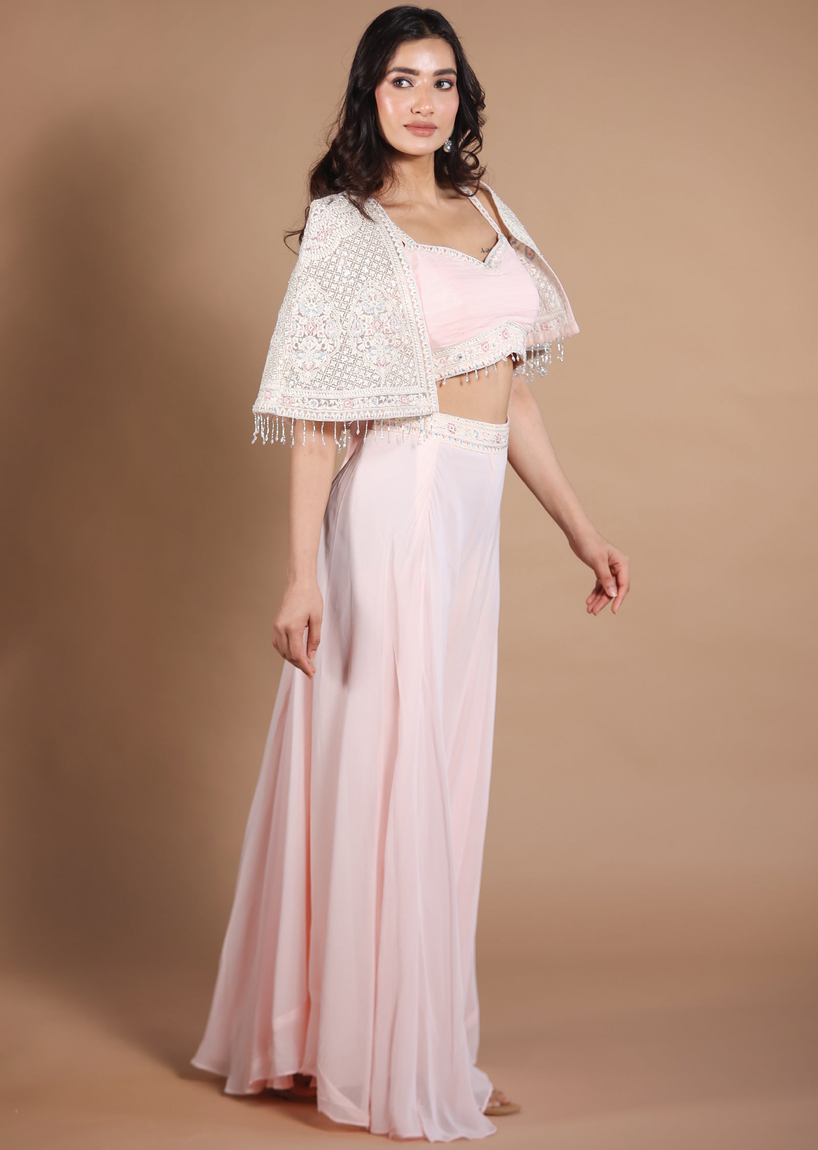Light Peach Georgette Fusion Indo-Western