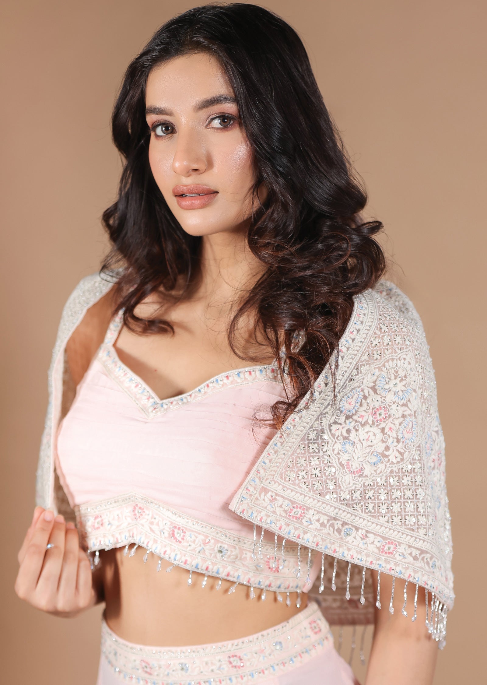 Light Peach Georgette Fusion Indo-Western