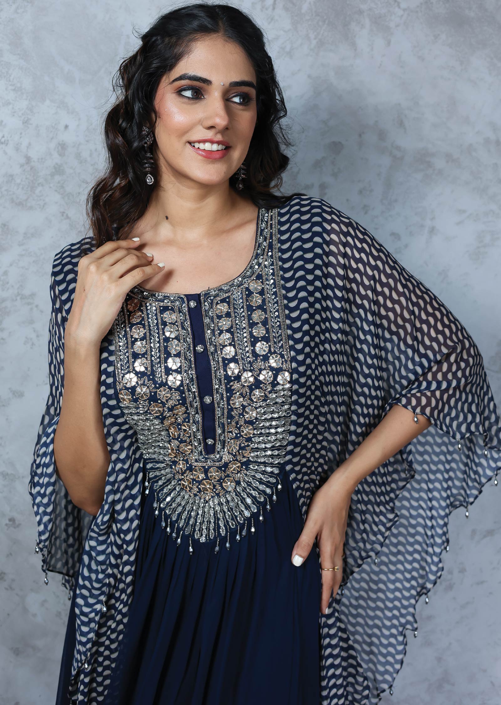 Navy Blue Georgette Embroidered Gown