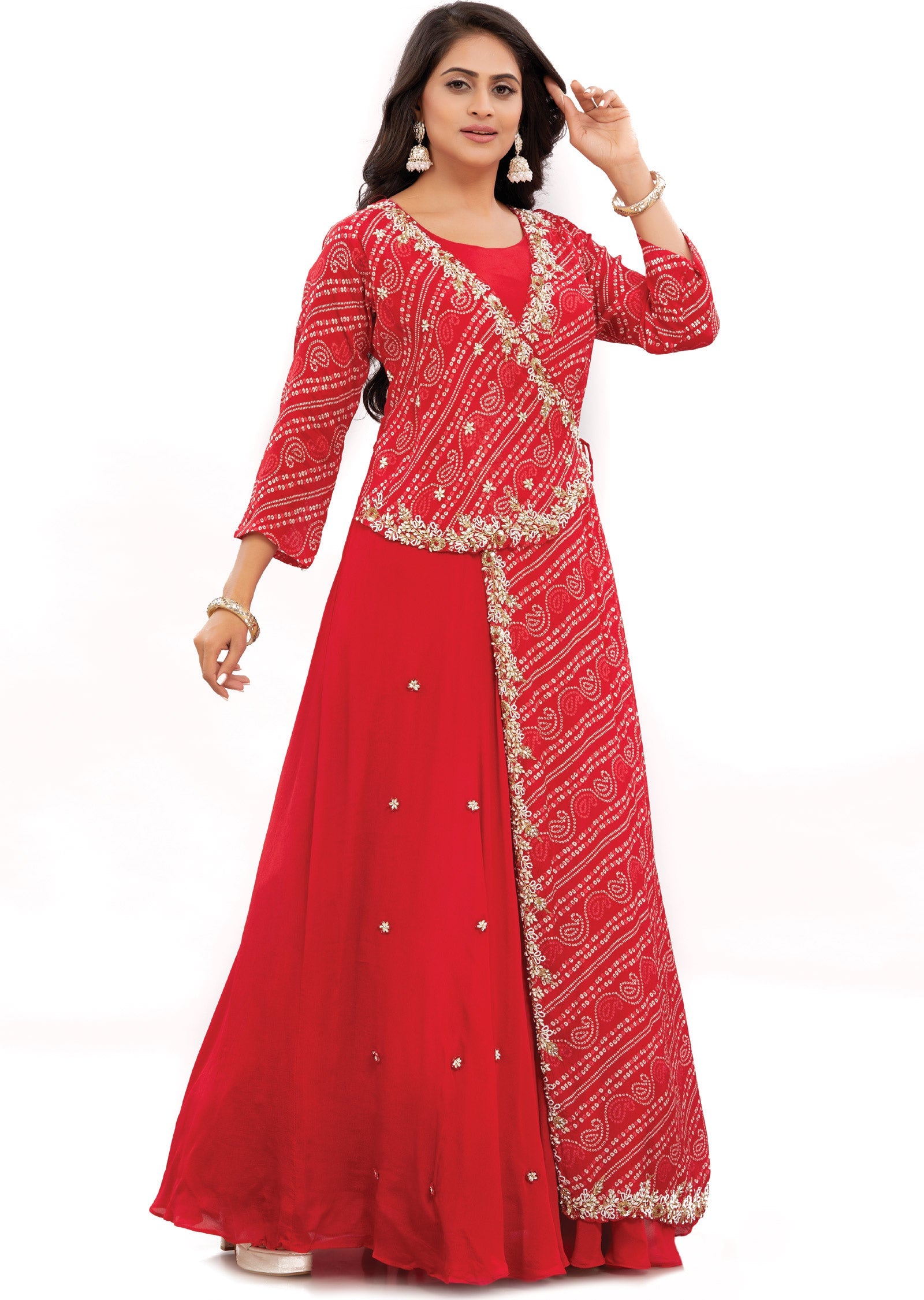 Red Chinnon Indo-Western Angrakha Style Gown