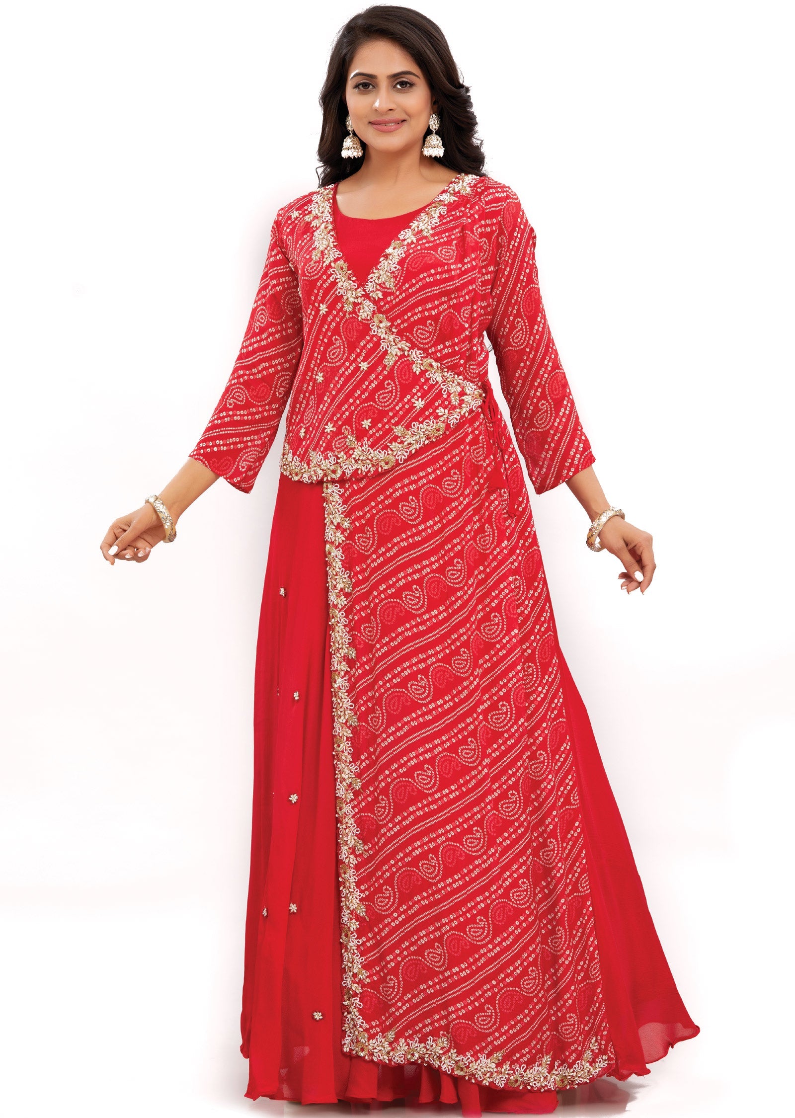 Red Chinnon Indo-Western Angrakha Style Gown
