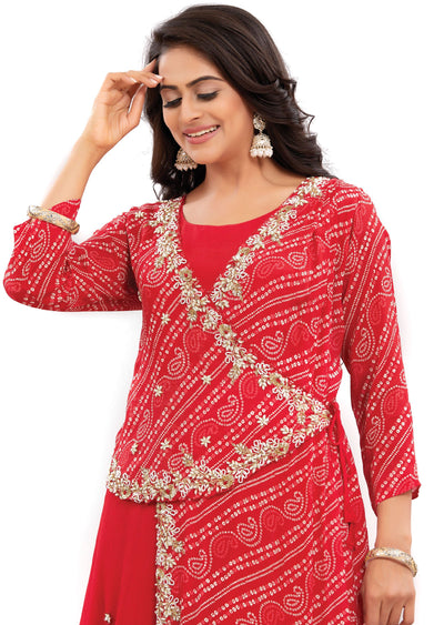 Red Chinnon Indo-Western Angrakha Style Gown
