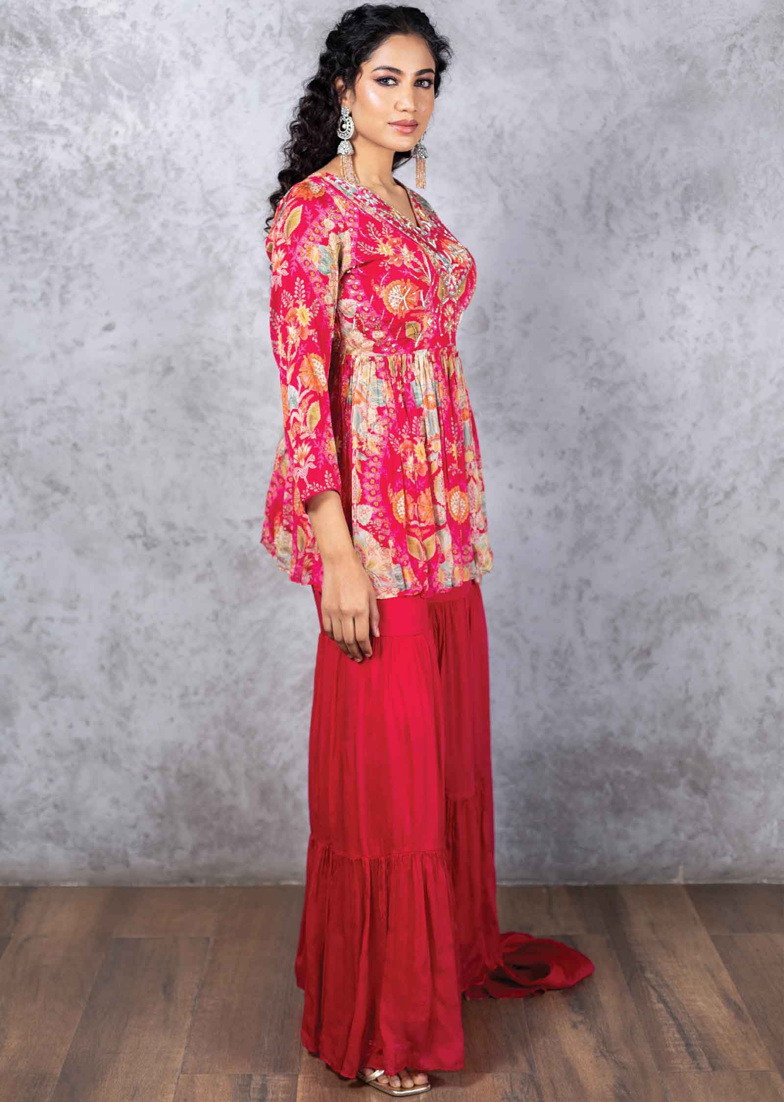 Rani Pink Chinnon Zardosi & Embroidered Shararas/Ghararas