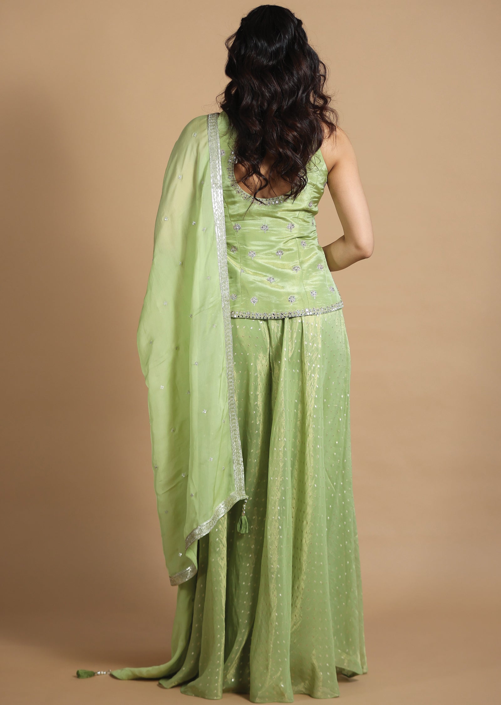 Light Green Tissue Silk Kurti with Zardosi & Stone Work