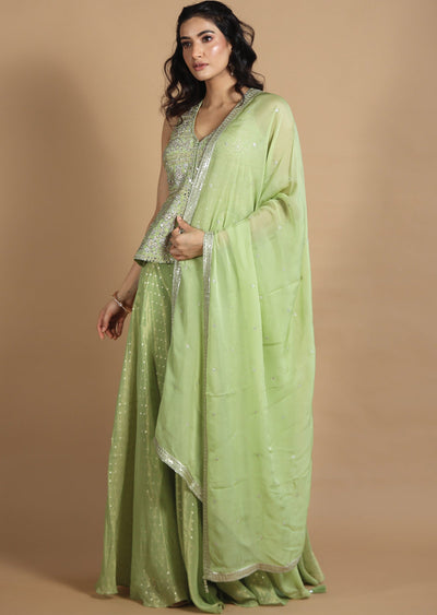 Light Green Tissue Silk Kurti with Zardosi & Stone Work