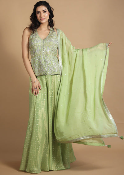 Light Green Tissue Silk Kurti with Zardosi & Stone Work