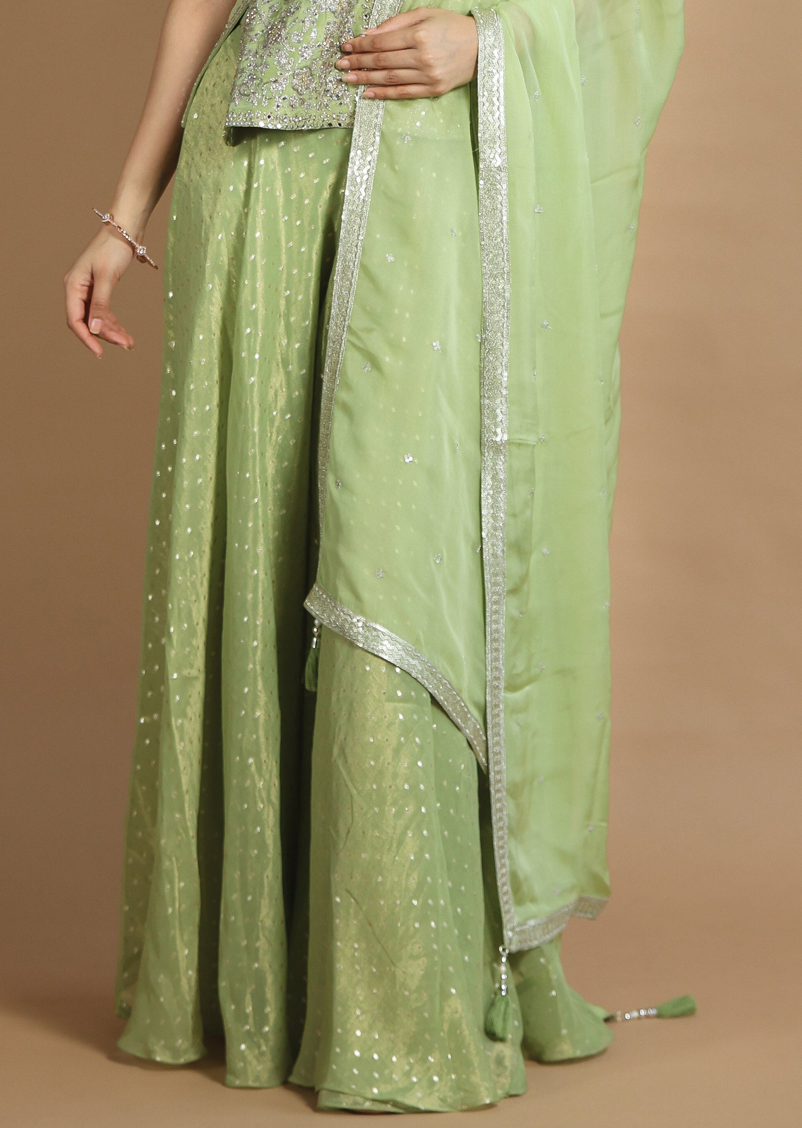 Light Green Tissue Silk Kurti with Zardosi & Stone Work