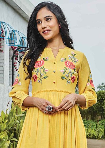 Yellow Linen Georgette Resham Work Frock Style Kurti