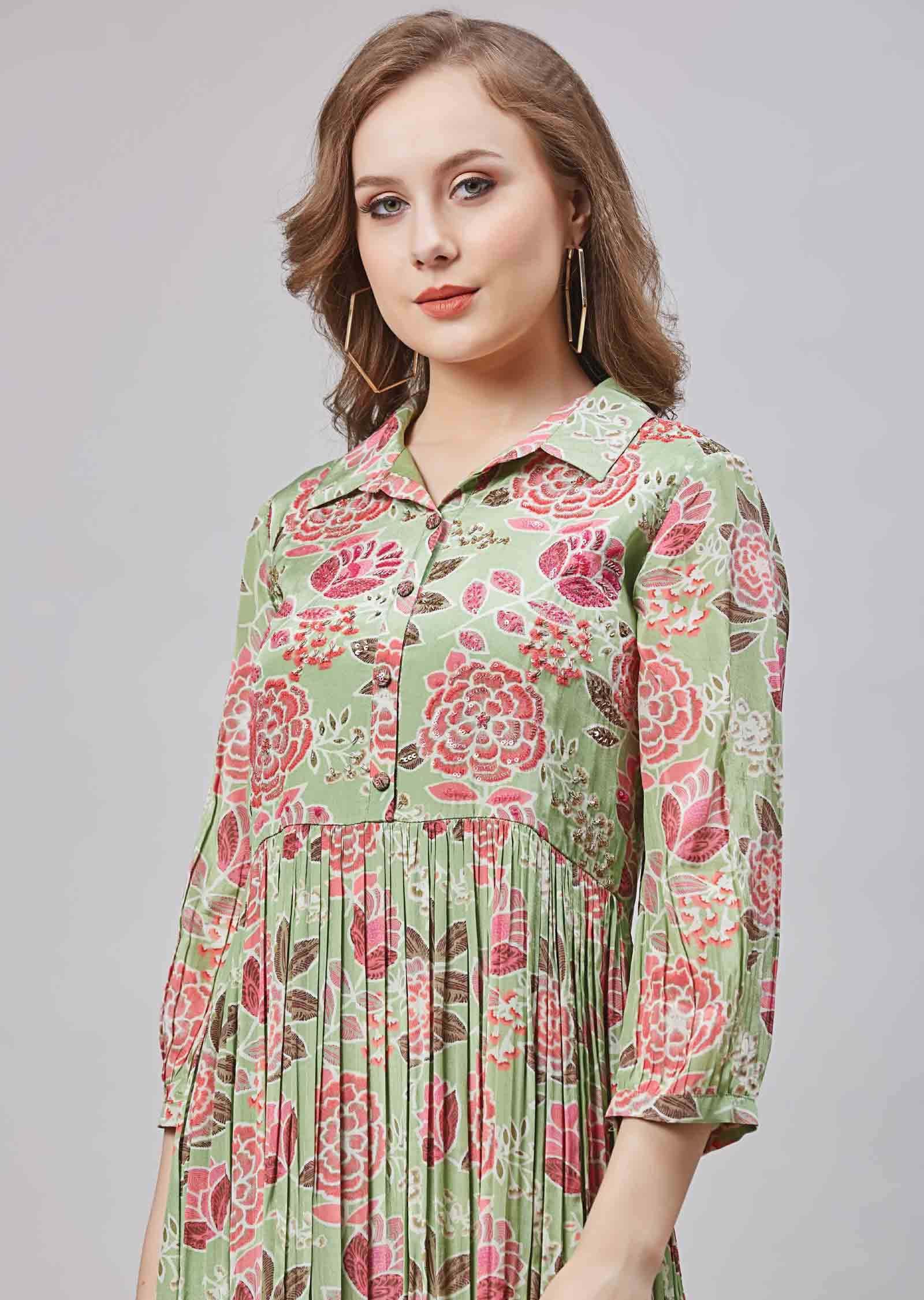 Pista Green Crepe Embroidered Frock Style Kurti