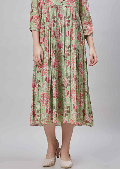 Pista Green Crepe Embroidered Frock Style Kurti