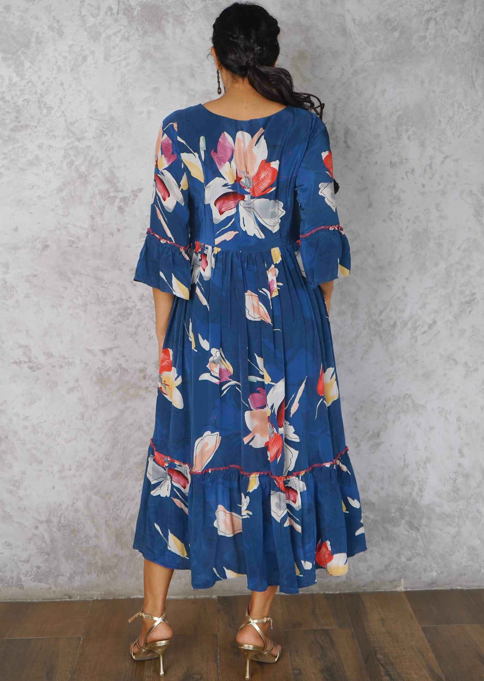 Dark Ink Blue Crepe Embroidered Frock Style Kurti