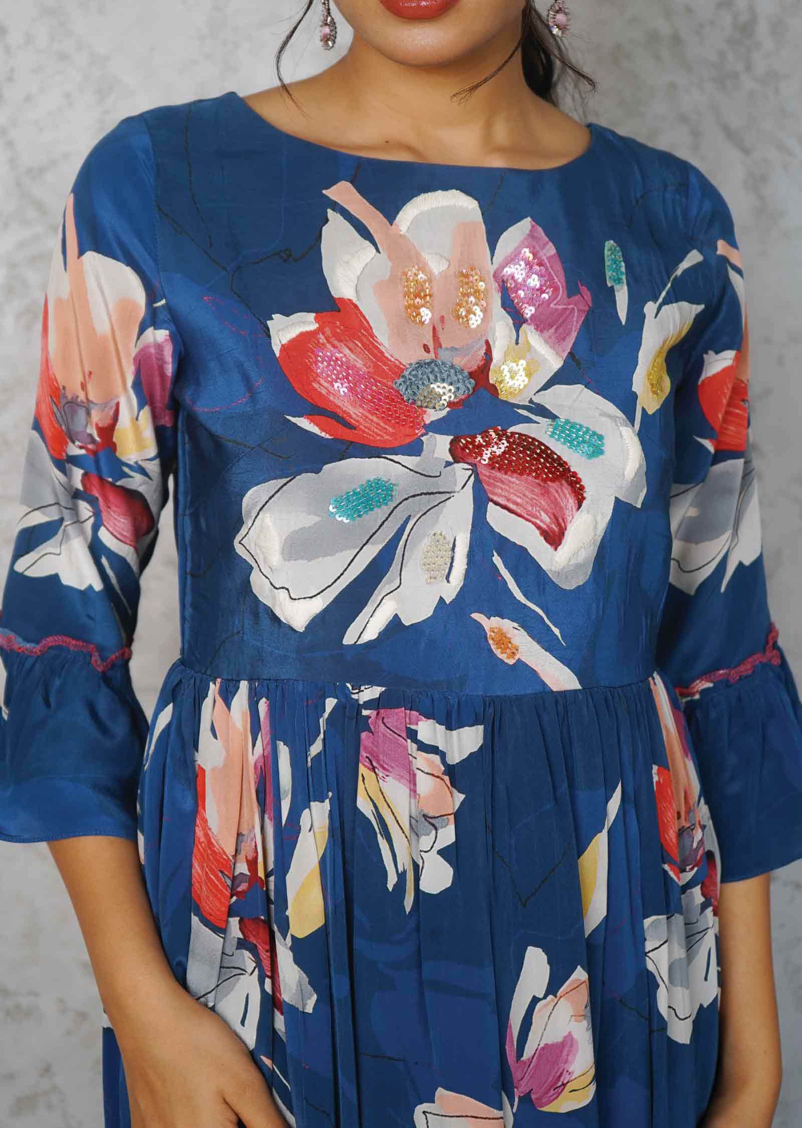 Dark Ink Blue Crepe Embroidered Frock Style Kurti