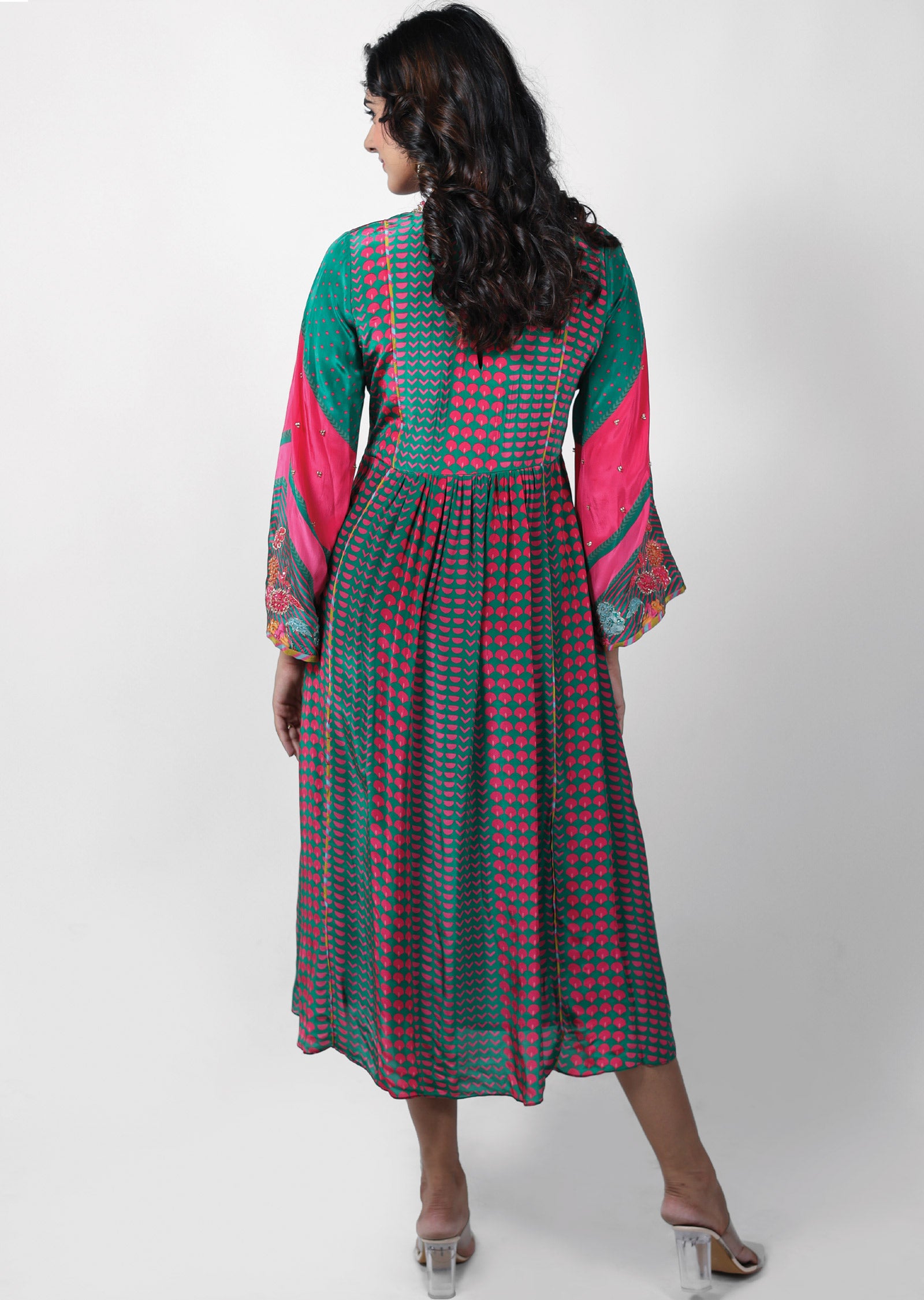 Green & Pink Crepe Embroidered Frock Style Kurti