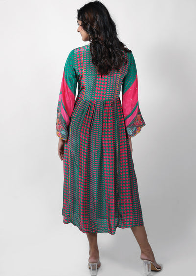 Green & Pink Crepe Embroidered Frock Style Kurti