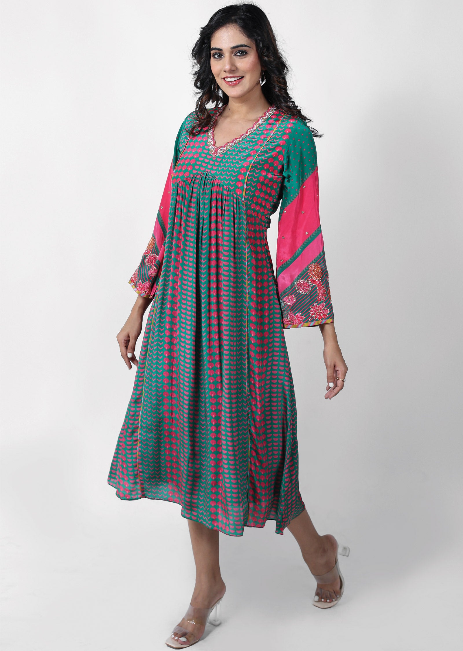 Green & Pink Crepe Embroidered Frock Style Kurti