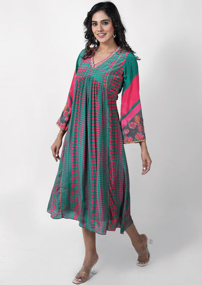 Green & Pink Crepe Embroidered Frock Style Kurti