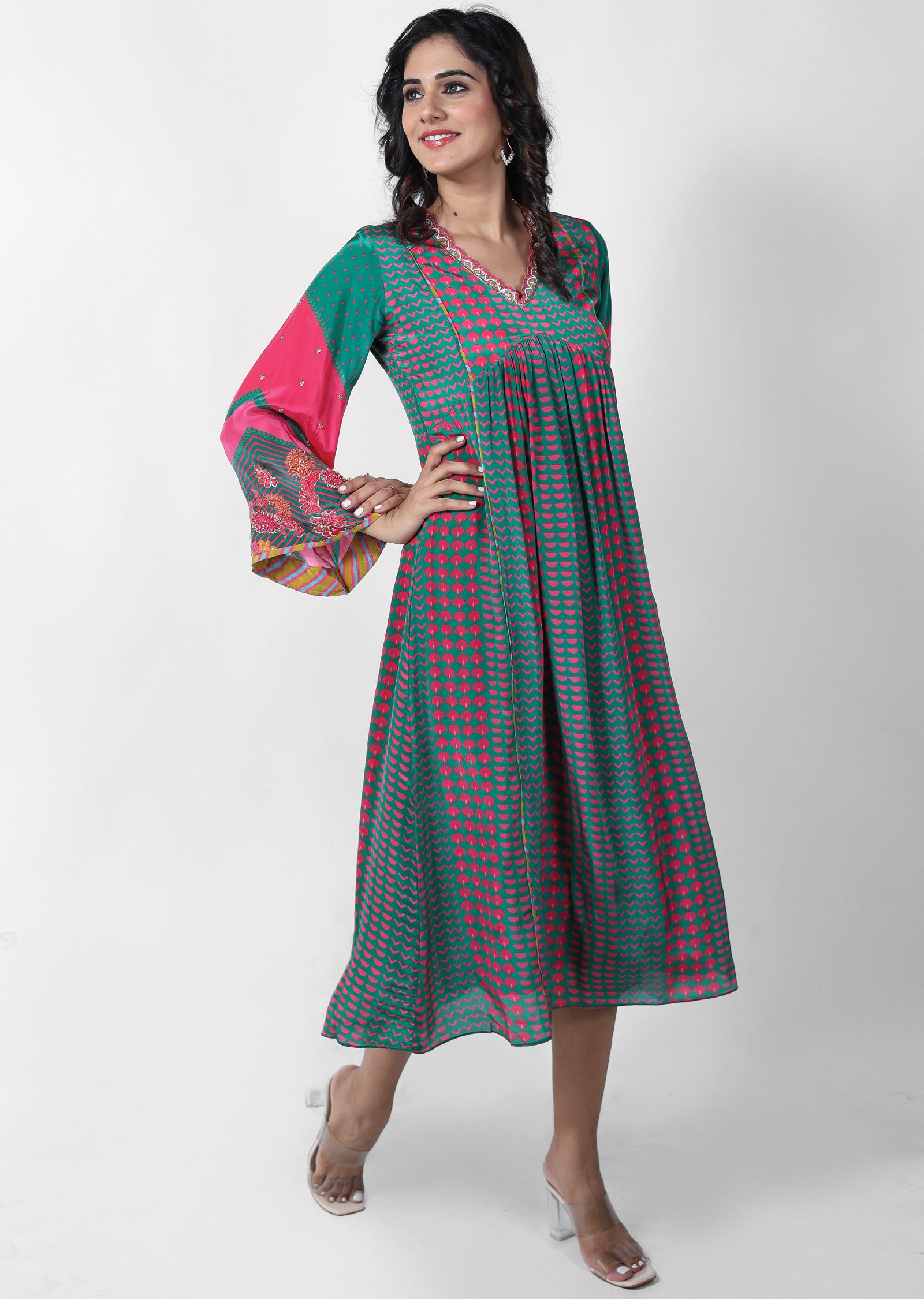 Green & Pink Crepe Embroidered Frock Style Kurti