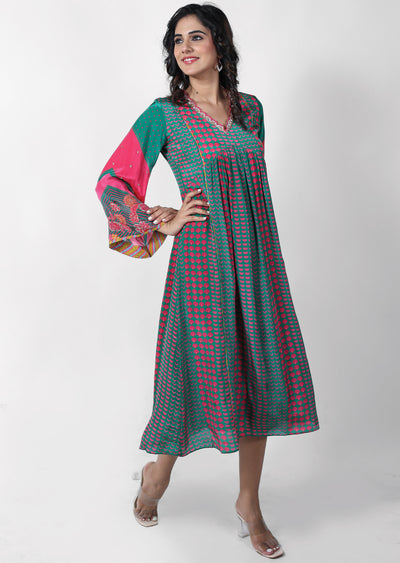 Green & Pink Crepe Embroidered Frock Style Kurti
