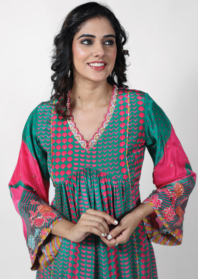 Green & Pink Crepe Embroidered Frock Style Kurti