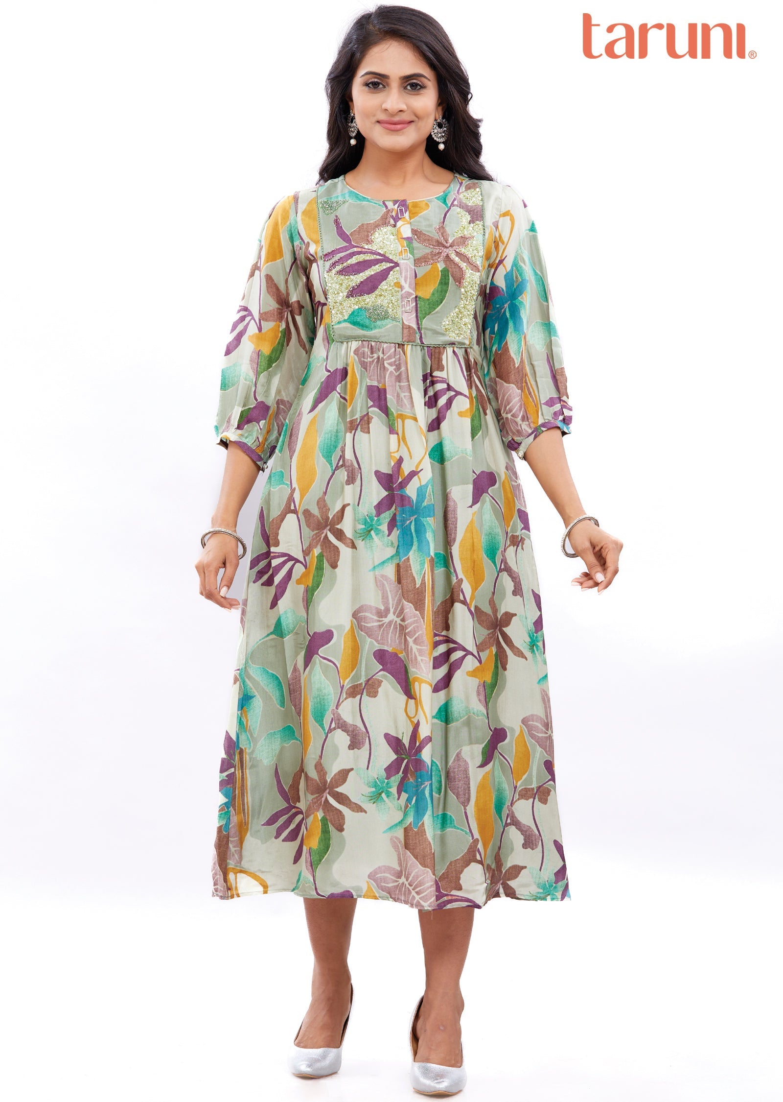 Mehndi Green Silk Frock Style Kurti with Sequence Work