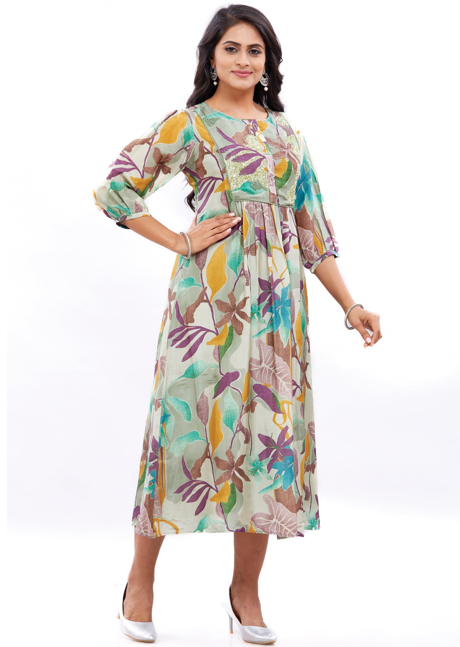 Mehndi Green Silk Frock Style Kurti with Sequence Work