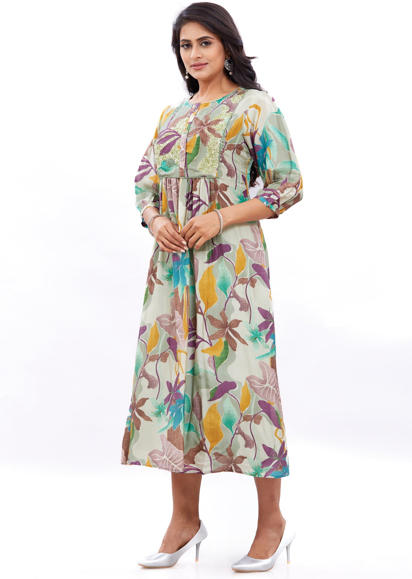 Mehndi Green Silk Frock Style Kurti with Sequence Work