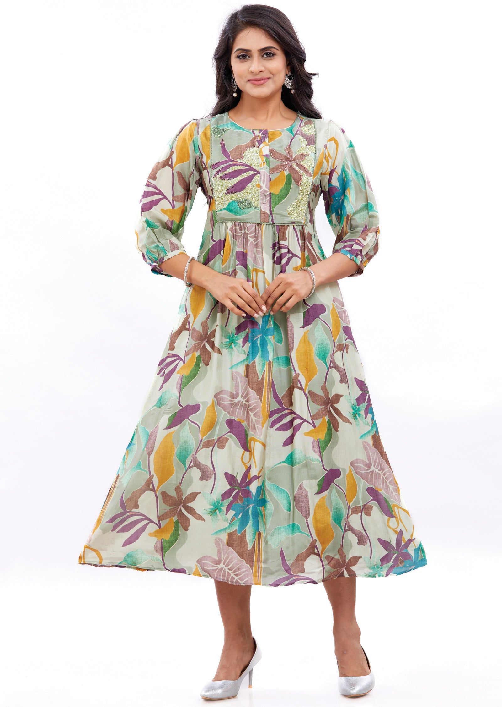 Mehndi Green Silk Frock Style Kurti with Sequence Work