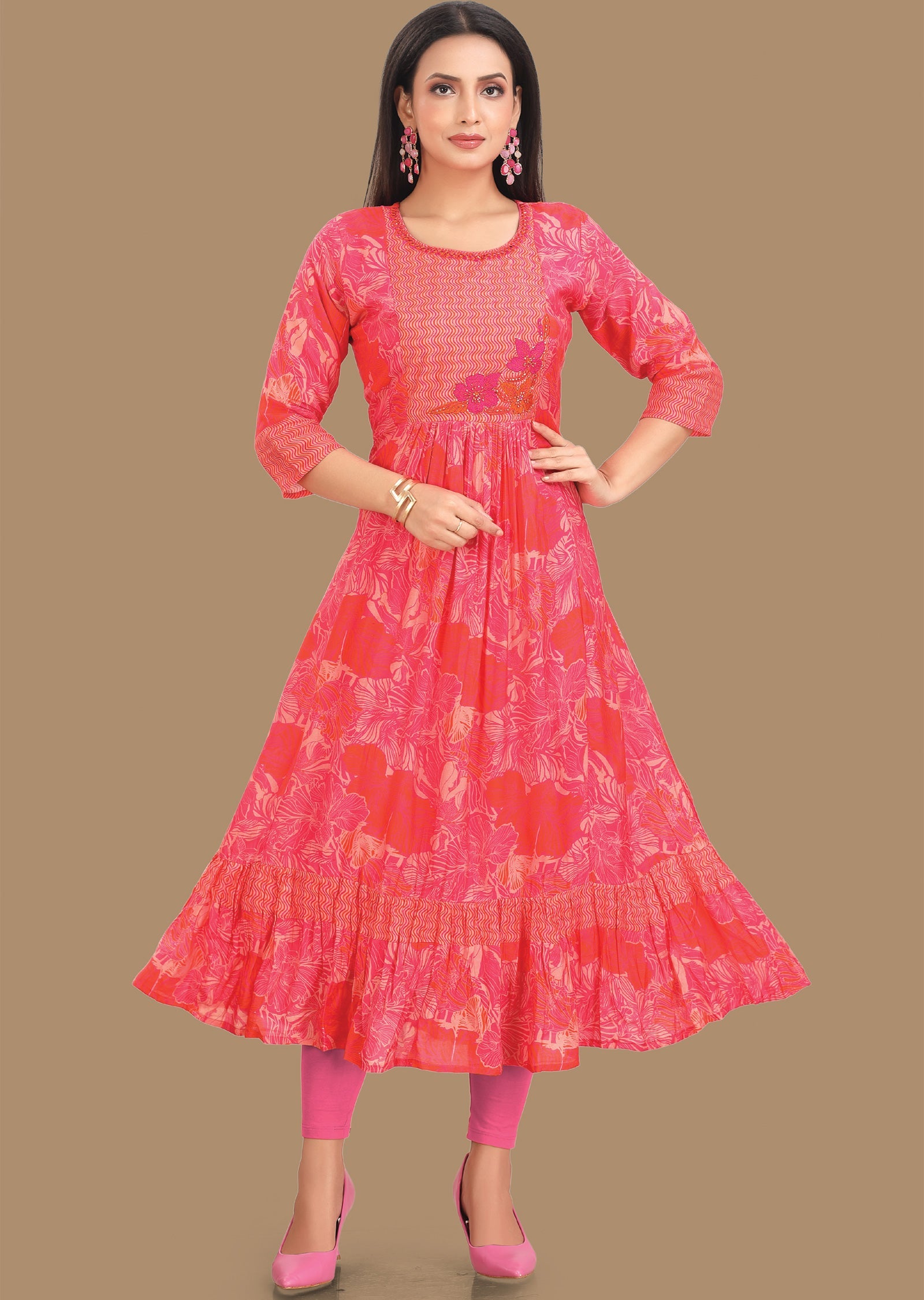 Rani Pink & Orange Muslin Kurti Frock Style