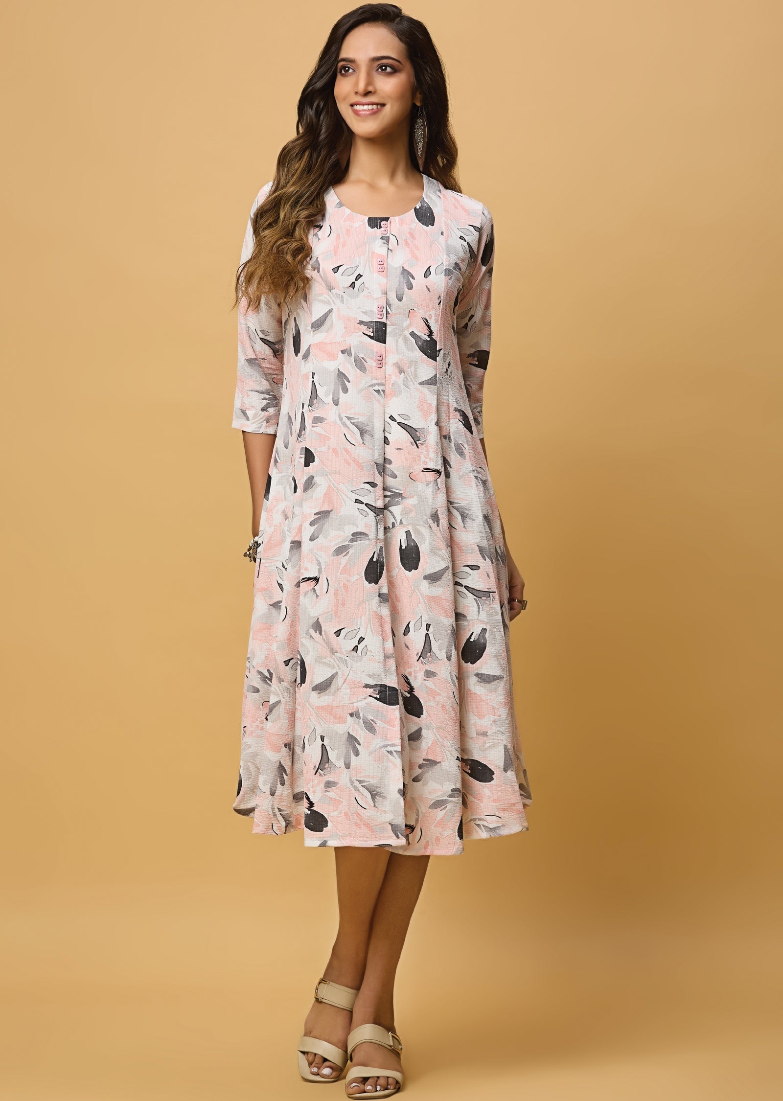 Off White & Peach Georgette Midi Dress